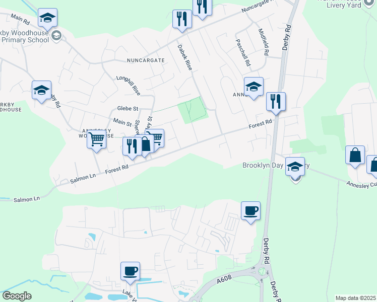 map of restaurants, bars, coffee shops, grocery stores, and more near 49 Forest Road in Kirkby in Ashfield