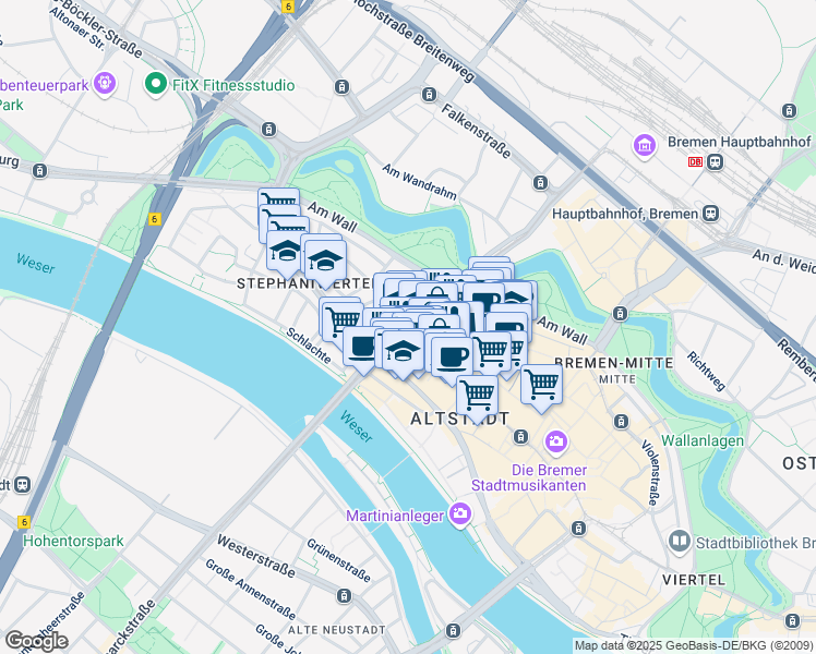 map of restaurants, bars, coffee shops, grocery stores, and more near in Bremen