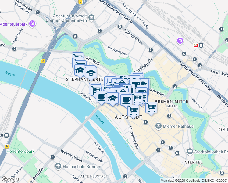 map of restaurants, bars, coffee shops, grocery stores, and more near in Bremen