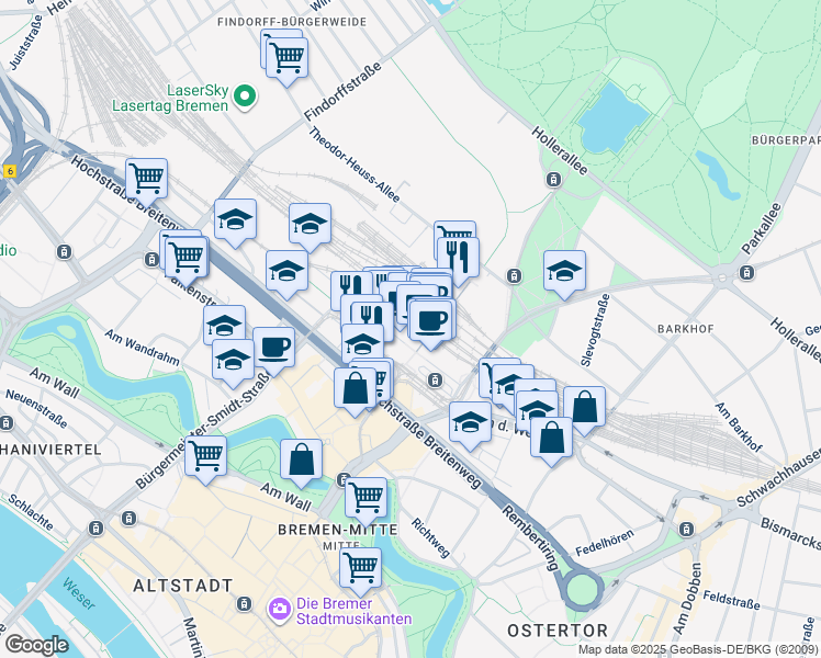 map of restaurants, bars, coffee shops, grocery stores, and more near 15 Bahnhofsplatz in Bremen