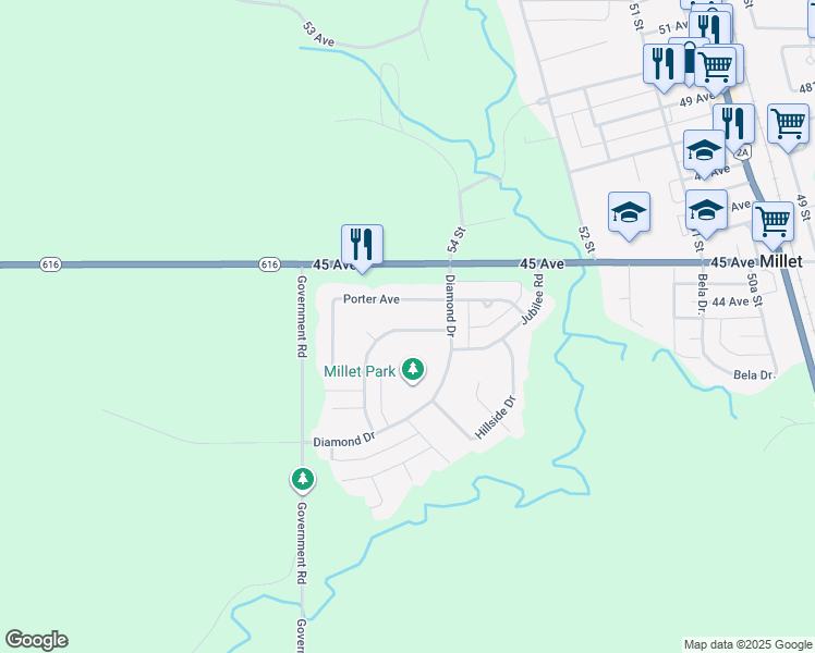 map of restaurants, bars, coffee shops, grocery stores, and more near 130 West Liberty Crescent in Millet