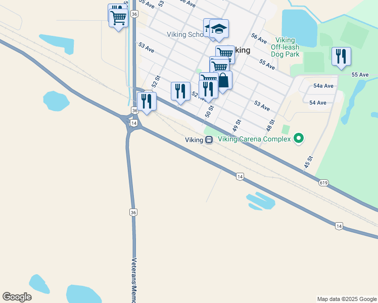 map of restaurants, bars, coffee shops, grocery stores, and more near Alberta 14 in Viking
