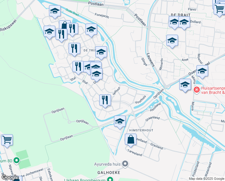 map of restaurants, bars, coffee shops, grocery stores, and more near in Drachten