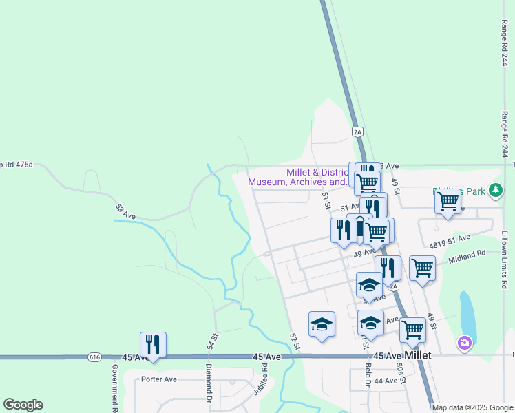 map of restaurants, bars, coffee shops, grocery stores, and more near 5120 52 Street in Millet