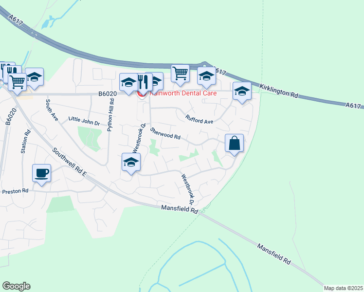 map of restaurants, bars, coffee shops, grocery stores, and more near 19 Beverley Close in Rainworth