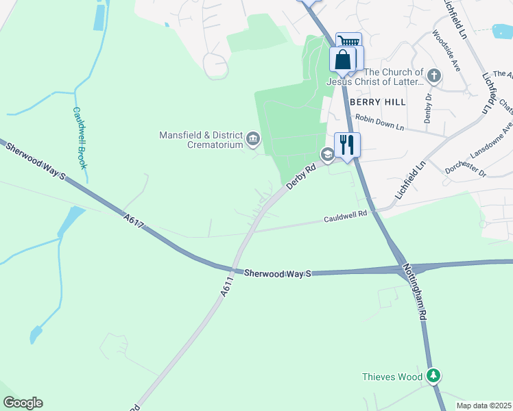 map of restaurants, bars, coffee shops, grocery stores, and more near Derby Road in Nottinghamshire
