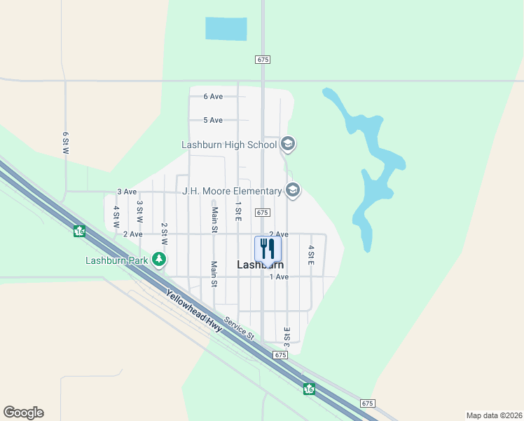 map of restaurants, bars, coffee shops, grocery stores, and more near Saskatchewan 675 in Lashburn