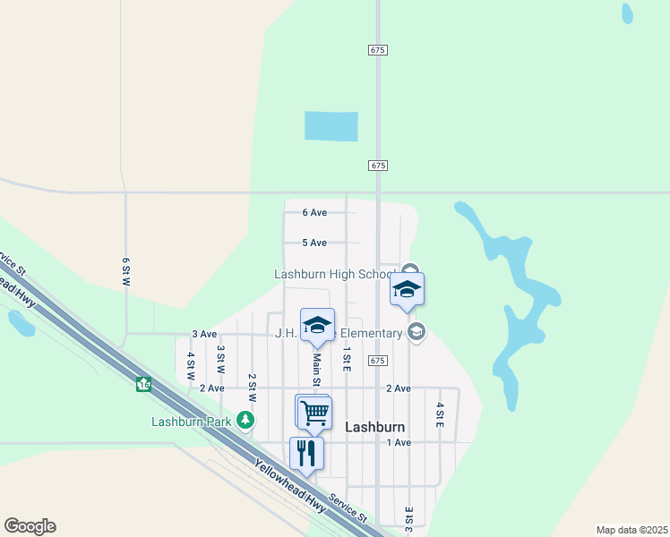 map of restaurants, bars, coffee shops, grocery stores, and more near 105 4 Avenue in Lashburn