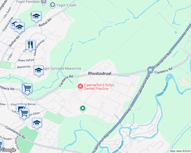 map of restaurants, bars, coffee shops, grocery stores, and more near Rhosbodrual Terrace in Rhosbodrual