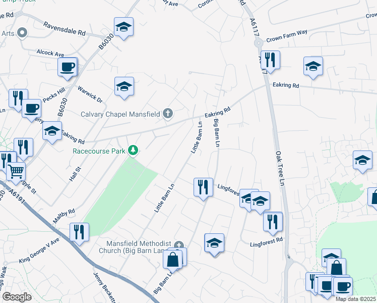 map of restaurants, bars, coffee shops, grocery stores, and more near 34 Little Barn Lane in Nottinghamshire