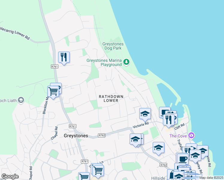 map of restaurants, bars, coffee shops, grocery stores, and more near New Road in Greystones