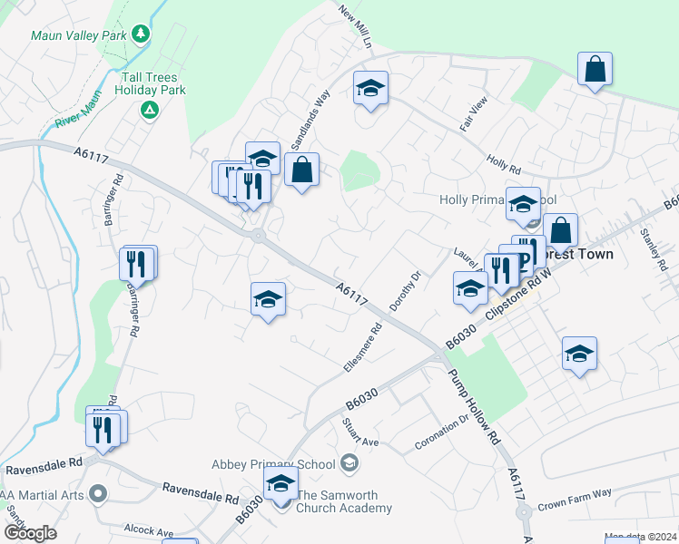 map of restaurants, bars, coffee shops, grocery stores, and more near 6 The Gables in Forest Town