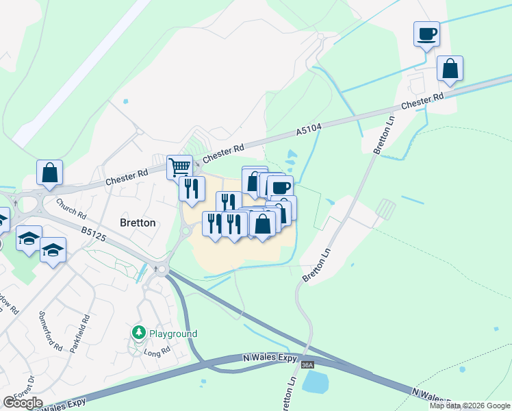 map of restaurants, bars, coffee shops, grocery stores, and more near Chester Road in Broughton