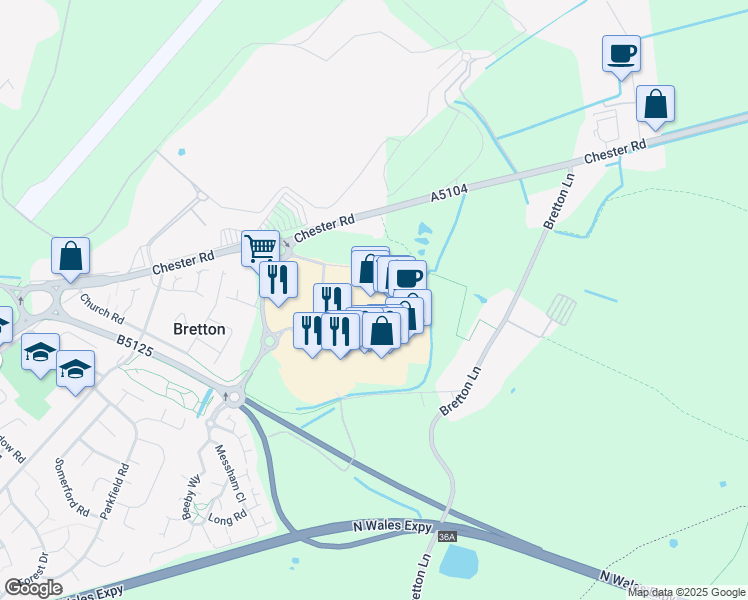 map of restaurants, bars, coffee shops, grocery stores, and more near Chester Road in Broughton