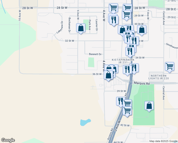 map of restaurants, bars, coffee shops, grocery stores, and more near 507 Mahon Drive in Prince Albert