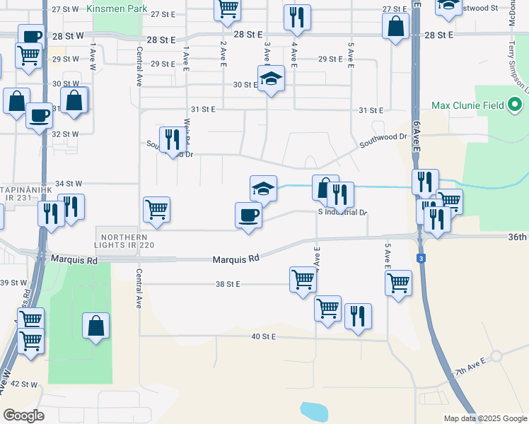 map of restaurants, bars, coffee shops, grocery stores, and more near 272 South Industrial Drive in Prince Albert