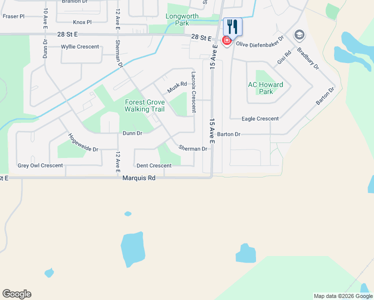 map of restaurants, bars, coffee shops, grocery stores, and more near 1429 Lacroix Crescent in Prince Albert