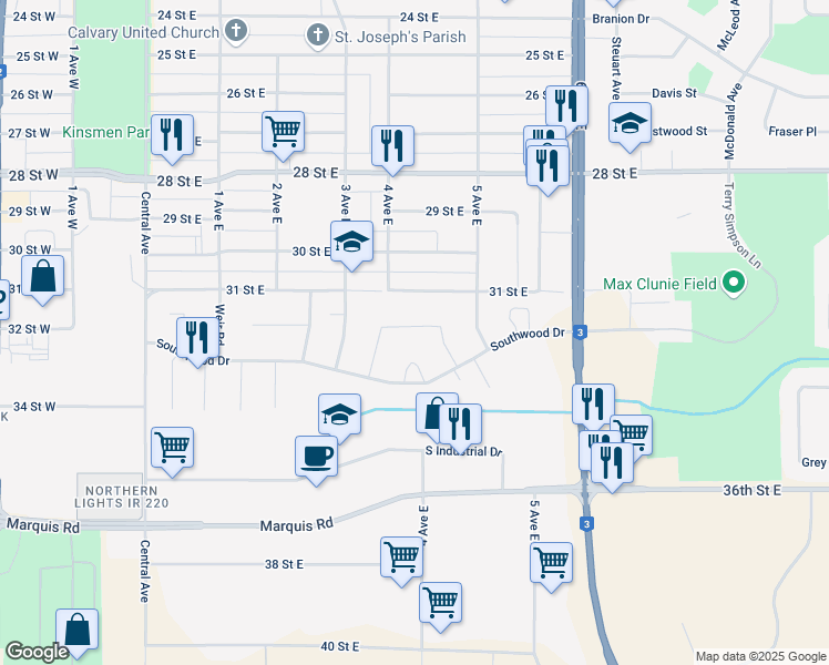 map of restaurants, bars, coffee shops, grocery stores, and more near 67 Jack Matheson Crescent in Prince Albert