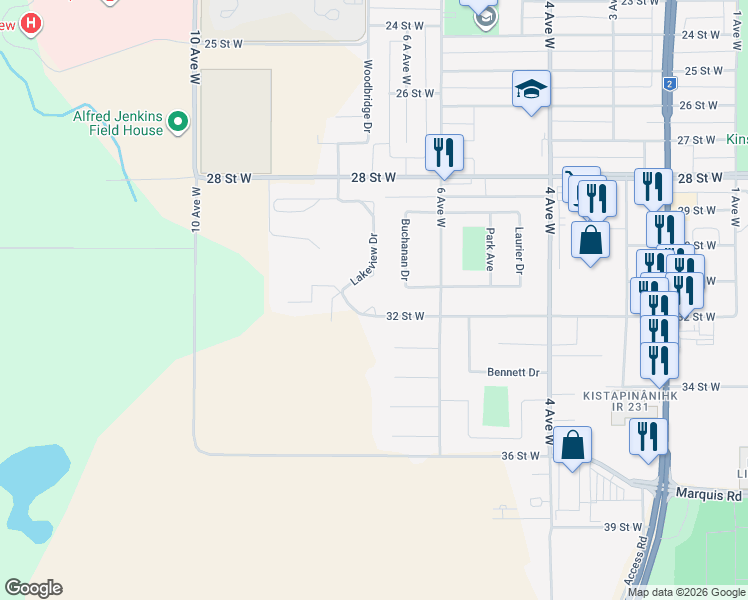map of restaurants, bars, coffee shops, grocery stores, and more near 675 32 Street West in Prince Albert