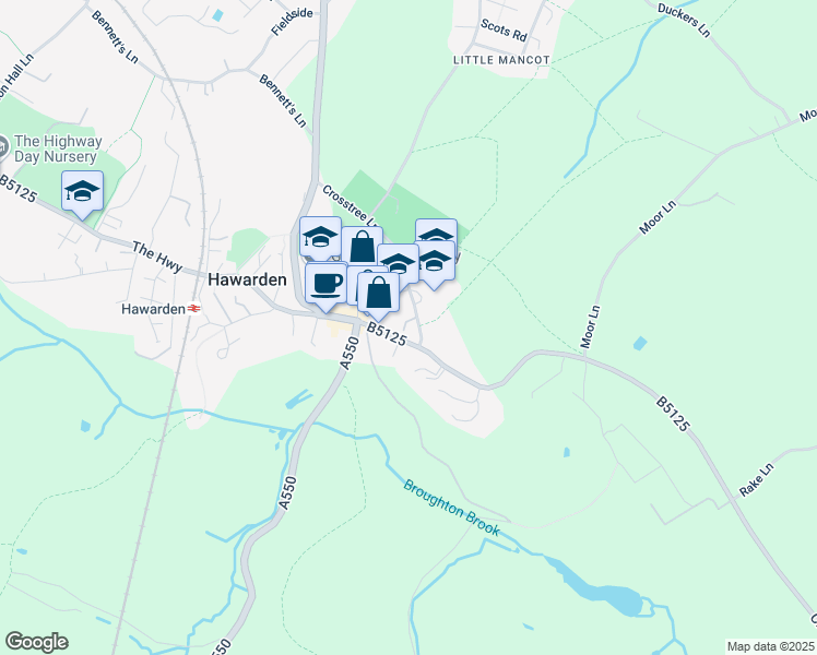 map of restaurants, bars, coffee shops, grocery stores, and more near Gladstone Court in Hawarden