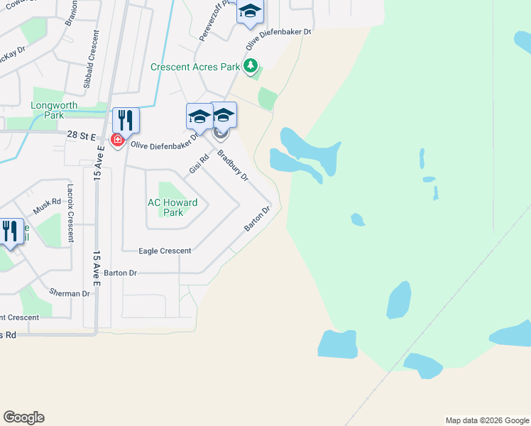 map of restaurants, bars, coffee shops, grocery stores, and more near 2990 Bradbury Drive in Prince Albert