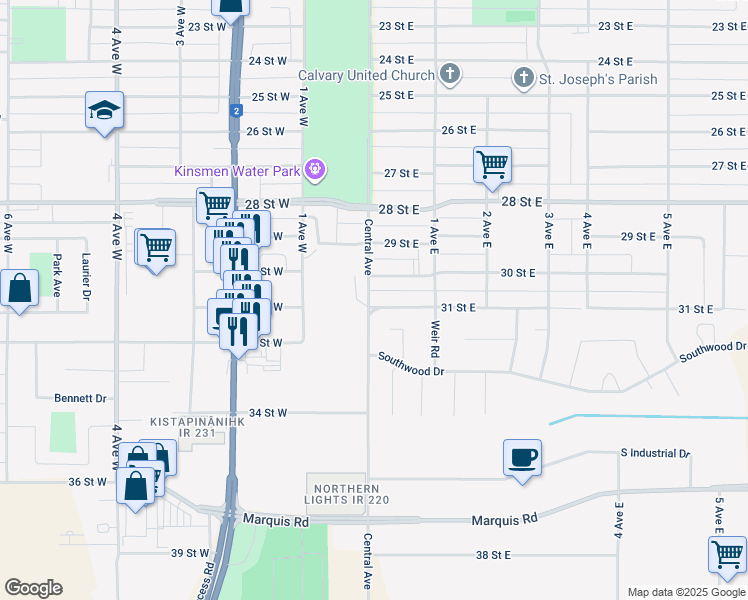 map of restaurants, bars, coffee shops, grocery stores, and more near 2 31 Street East in Prince Albert