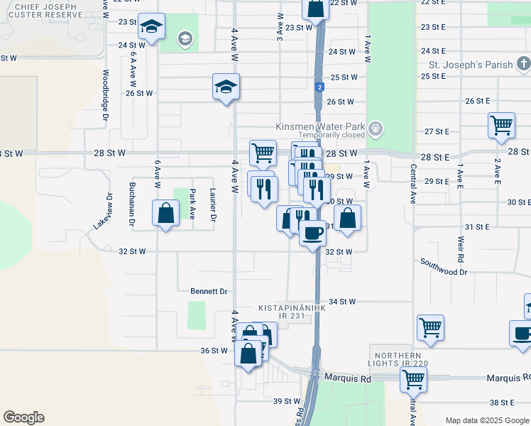 map of restaurants, bars, coffee shops, grocery stores, and more near 2995 2 Avenue West in Prince Albert