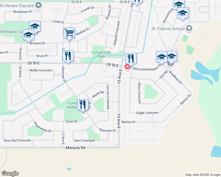 map of restaurants, bars, coffee shops, grocery stores, and more near 1388 Lacroix Crescent in Prince Albert