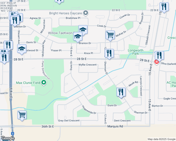 map of restaurants, bars, coffee shops, grocery stores, and more near 2864 Wyllie Crescent in Prince Albert