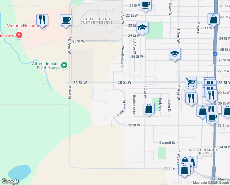 map of restaurants, bars, coffee shops, grocery stores, and more near 2805 Lakeview Drive in Prince Albert
