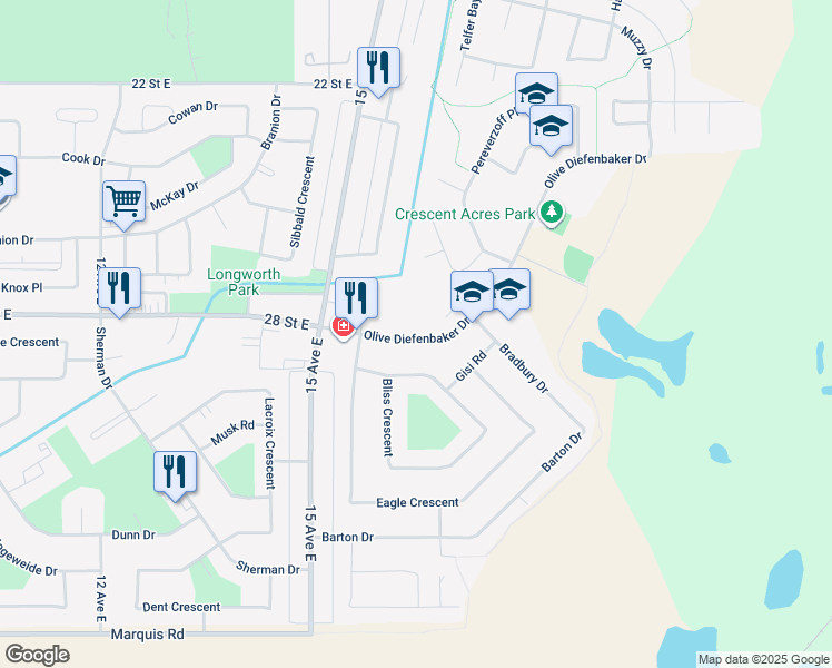 map of restaurants, bars, coffee shops, grocery stores, and more near 1581 Olive Diefenbaker Drive in Prince Albert