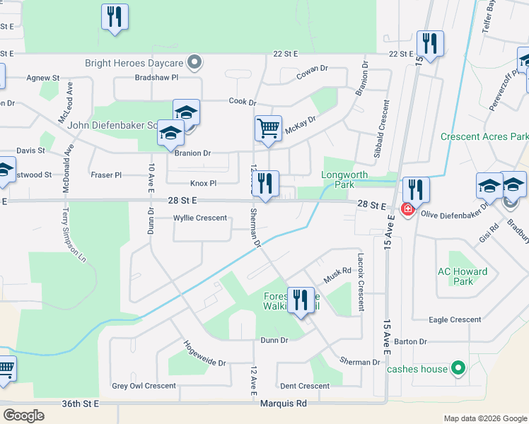 map of restaurants, bars, coffee shops, grocery stores, and more near 1225 28 Street East in Prince Albert