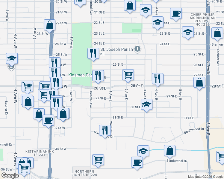 map of restaurants, bars, coffee shops, grocery stores, and more near 104 29 Street East in Prince Albert