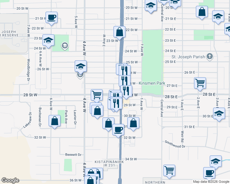 map of restaurants, bars, coffee shops, grocery stores, and more near 2701 2 Avenue West in Prince Albert