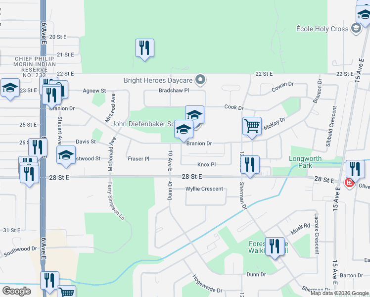 map of restaurants, bars, coffee shops, grocery stores, and more near 1025 Branion Drive in Prince Albert