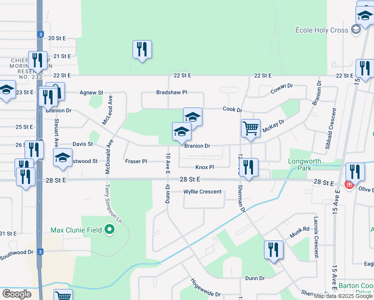 map of restaurants, bars, coffee shops, grocery stores, and more near 1051 Branion Drive in Prince Albert
