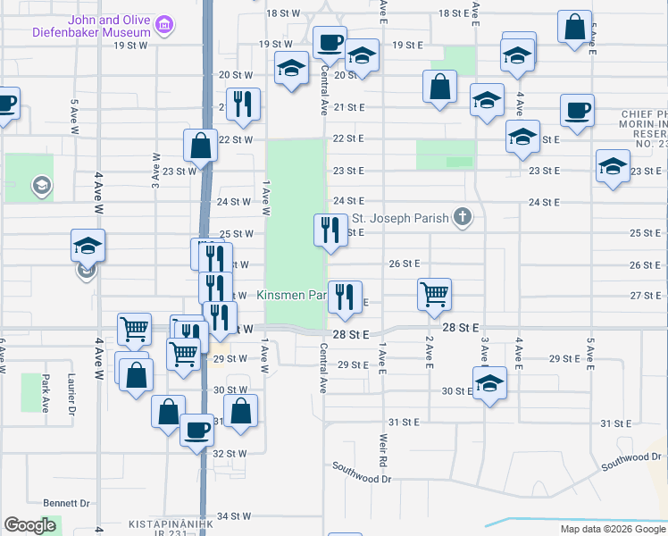 map of restaurants, bars, coffee shops, grocery stores, and more near 2534 Central Avenue in Prince Albert