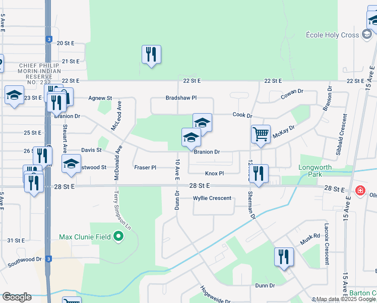 map of restaurants, bars, coffee shops, grocery stores, and more near Branion Drive in Prince Albert