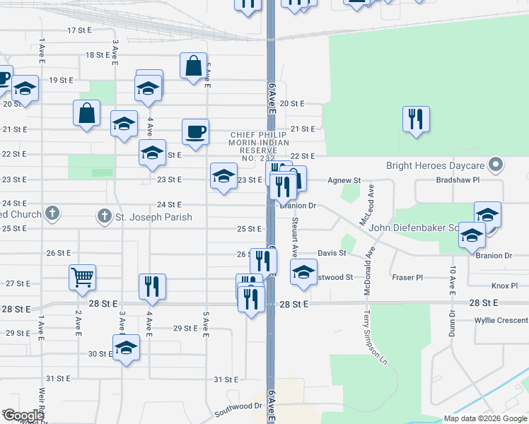 map of restaurants, bars, coffee shops, grocery stores, and more near 596 24 Street East in Prince Albert