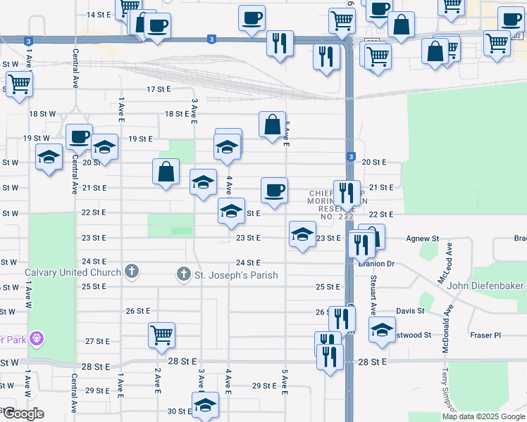 map of restaurants, bars, coffee shops, grocery stores, and more near 461 22 Street East in Prince Albert