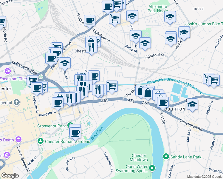 map of restaurants, bars, coffee shops, grocery stores, and more near 71 Boughton in Cheshire