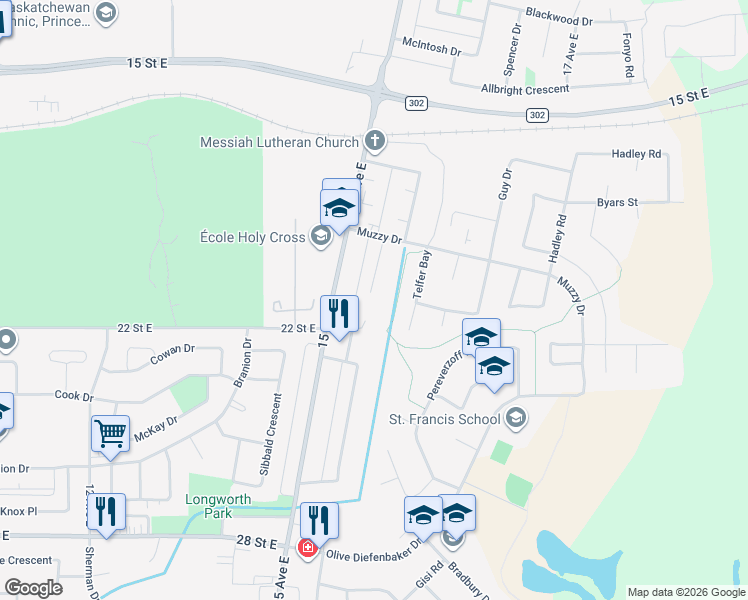 map of restaurants, bars, coffee shops, grocery stores, and more near 22 Turner Place in Prince Albert