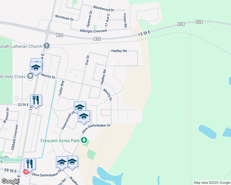 map of restaurants, bars, coffee shops, grocery stores, and more near Smiley Drive in Prince Albert