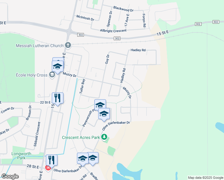 map of restaurants, bars, coffee shops, grocery stores, and more near 22 Kernaghan Crescent in Prince Albert