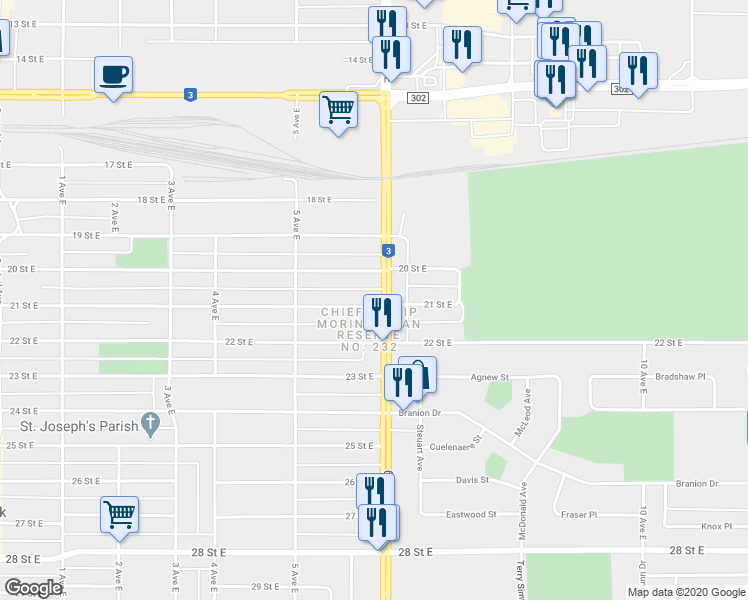 map of restaurants, bars, coffee shops, grocery stores, and more near 584 21 Street East in Prince Albert
