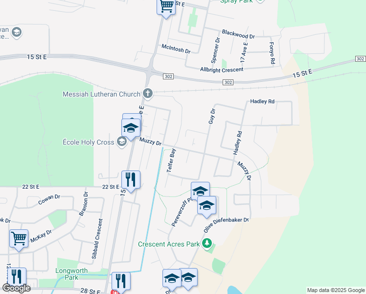 map of restaurants, bars, coffee shops, grocery stores, and more near 1600 Muzzy Drive in Prince Albert