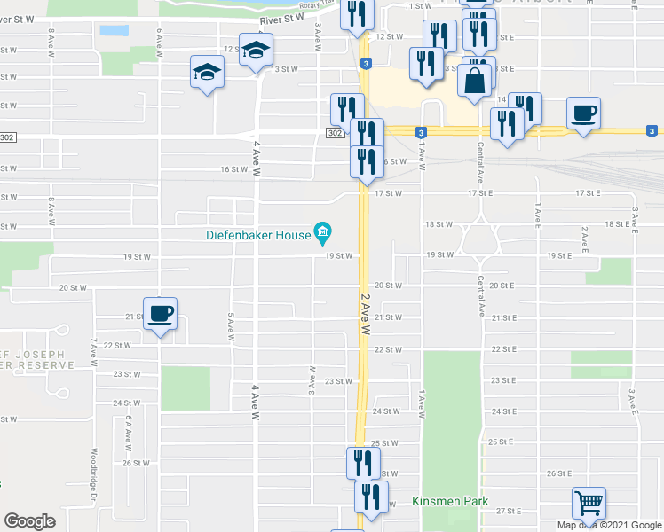 map of restaurants, bars, coffee shops, grocery stores, and more near 243 19 Street West in Prince Albert