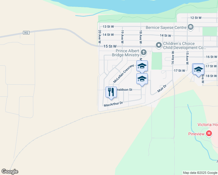 map of restaurants, bars, coffee shops, grocery stores, and more near 130 Donaldson Street in Prince Albert