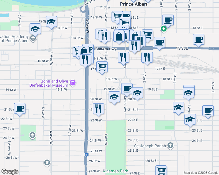 map of restaurants, bars, coffee shops, grocery stores, and more near 1895 Central Avenue in Prince Albert