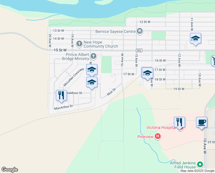 map of restaurants, bars, coffee shops, grocery stores, and more near 1632 Muir Drive in Prince Albert